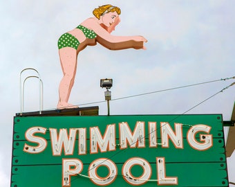 Vintage Neon Sign Photo, Swimming Pool Sign Photo, Swimmer Neon Sign, Diver Neon Sign, Retro Diver Sign, Retro Wall Art, Retro Wall Decor