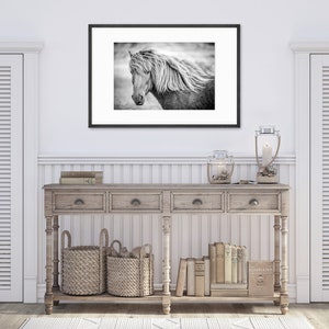 May include: A black and white photograph of a horse's head with a long mane, framed in a black frame and hanging on a white wall above a wooden console table.