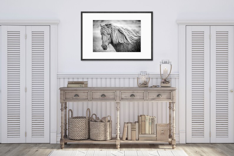 May include: A black and white photograph of a horse's head with a long mane, framed in a black frame and hanging on a white wall above a wooden console table.