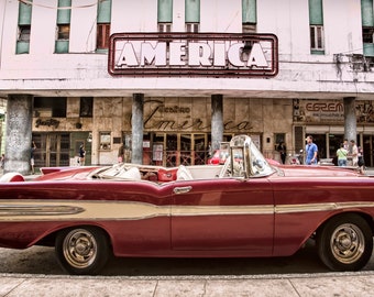 Classic 50's Car, Retro Neon Sign, Cuba Photography, Cuba Wall Art, Travel Photo, Havana Photo, Vintage Convertible, Vintage Sign