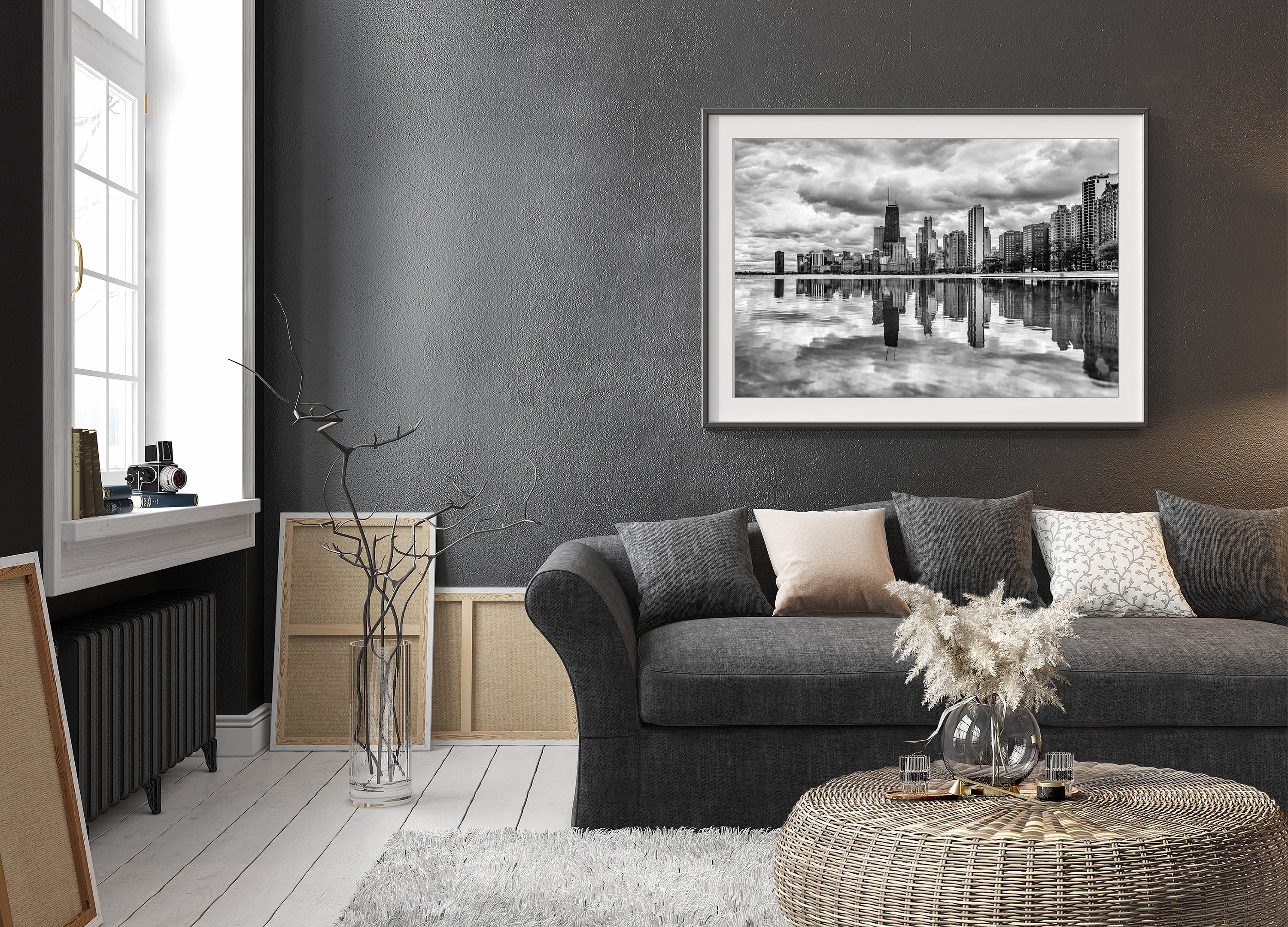 thumbnail image 2 of Chicago City Center Skyline Framed Canvas Art – Black And White – Large Giclee Print 2 of 4