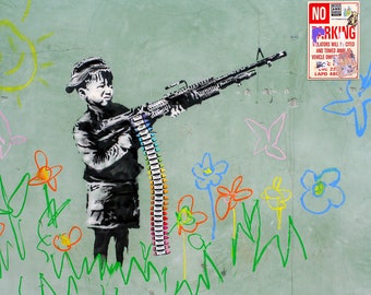 Banksy Street Art, London Graffiti, Banksy Child Soldier, Urban Wall Art, Graffiti Art,  Urban Wall Decor, Urban Wall Decor, Street Art