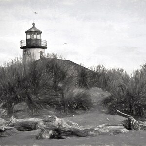 May include: A black and white pencil sketch of a lighthouse on a sandy beach with tall grasses and driftwood in the foreground.