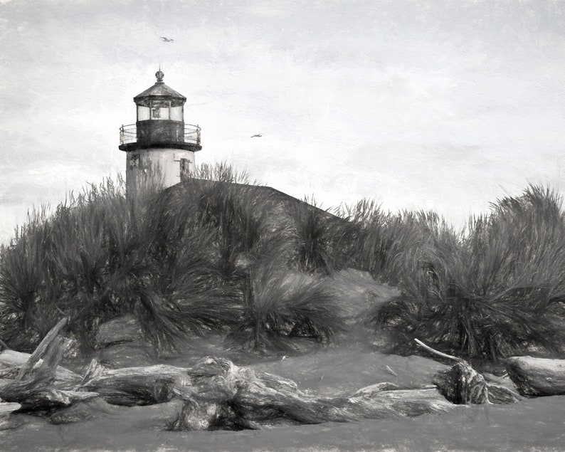 May include: A black and white pencil sketch of a lighthouse on a sandy beach with tall grasses and driftwood in the foreground.