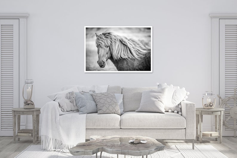 May include: A black and white photograph of a horse with a long flowing mane. The horse is looking to the left of the frame. The photo is framed in a white frame.