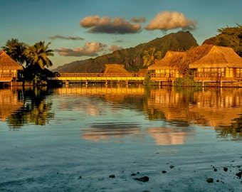 Tropical Wall Art, Tropical Print, Water Bungalows, Mountains, Tropical Decor, Landscape Photography Tropical Sunset Moorea French Polynesia