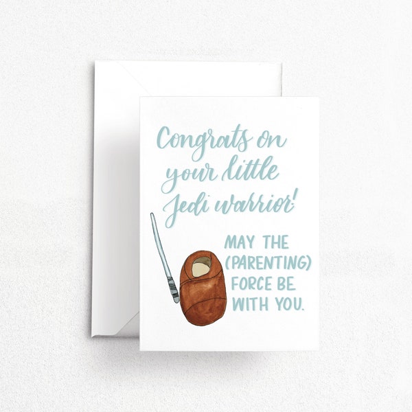 Baby Jedi Warrior New Parent Card | Watercolor & Calligraphy| New Mom and Dad Gift | Sci-fi Card | Nerd Geek gift | gamer parents funny baby