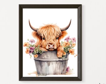 Watercolor Highland Cow Floral Tub Print – Farmhouse Wall Art (Digital Download)