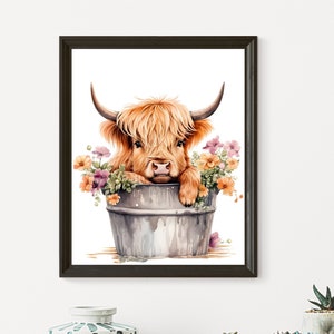 Watercolor Highland Cow with Flowers in Tub - Scottish Highland Cow - Farmhouse Decor - Wall Art - Digital Cow Wall Art - Instant Download
