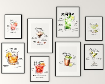 Cocktail Recipe Print Set: Colorful Bar Gallery Wall Art (Digital Download)