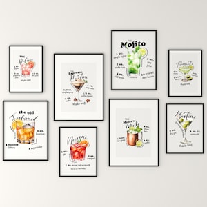 Cocktail Print Set von 8, Buntes Bar-Galeriewand-Set, DIGITALER DOWNLOAD, Rezept Cocktail Poster, Bar druckbare Kunst, Getränke Wanddekoration