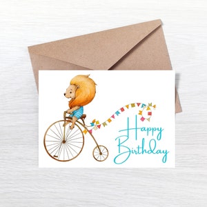 Carte de joyeux anniversaire Lion sur la carte numérique de bicyclette, carte téléchargeable instantanée de dernière minute-téléchargement numérique