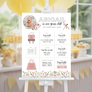 Signe d'étape important pour bébé fille premier anniversaire fleurs sauvages - libellule rose Blush rose modifiable 1er anniversaire carte modèle toile en téléchargement numérique