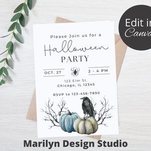 Happy Halloween Party Invitation - corbeau - citrouille - invitation Halloween - carte imprimable - téléchargement numérique - édition sur Canva.