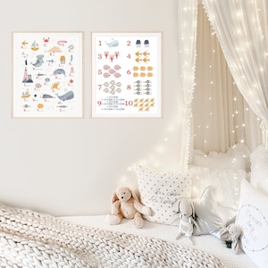 Arte de pared para guardería con alfabeto y números bajo el océano - Decoración de guardería con playa - Póster ABC del océano - Decoración de habitación infantil - Descarga digital MDS04