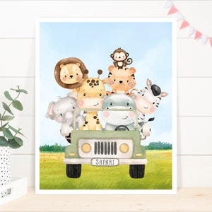 May include: Watercolor illustration of a safari scene with a green jeep filled with cartoon animals. The animals include a lion, giraffe, tiger, zebra, elephant, hippo, and monkey. The jeep has a "Safari" sign. The background is a blue sky and grassy field.