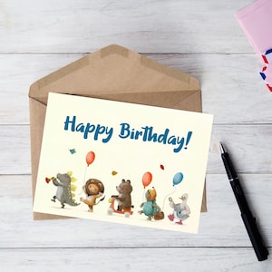 Happy Birthday Animal Parade Card - Neutrale kaart - Afdrukbare kaart - Digitale download