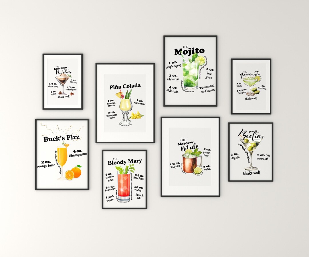printable kitchen prints wall art, set of 6, hand... Cocktail Recipe Print Set: Colorful Bar Gallery Wall Art (digital ...