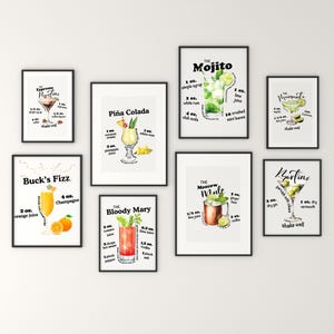 Juego de 8 impresiones de cócteles, juego de galería de pared de barra colorida, DESCARGA DIGITAL, pósteres de cócteles con recetas, arte imprimible para barra, decoración de pared con bebidas