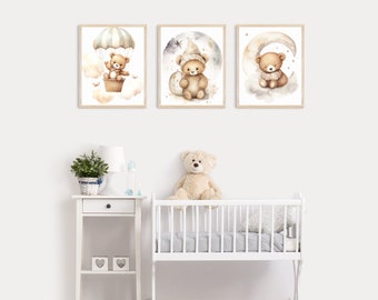 Set of 3 Teddy Bear Print, Bear Nursery Decor, Nursery Wall Decor, Baby Boy Print, New Baby Printable, Brown Nursery Digital Download Print