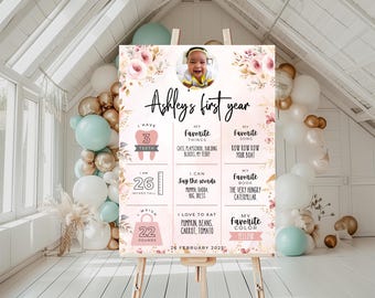 Könnte beinhalten: Ein rosa-goldener Meilenstein-Poster zum ersten Geburtstag mit floralen Akzenten. Das Poster zeigt ein Foto eines kleinen Mädchens sowie Details zu ihrem ersten Lebensjahr, darunter ihre Größe, ihr Gewicht, ihre Lieblingsdinge und ihr Lieblingsbuch. Der Text auf dem Poster lautet "Ashley's first year".