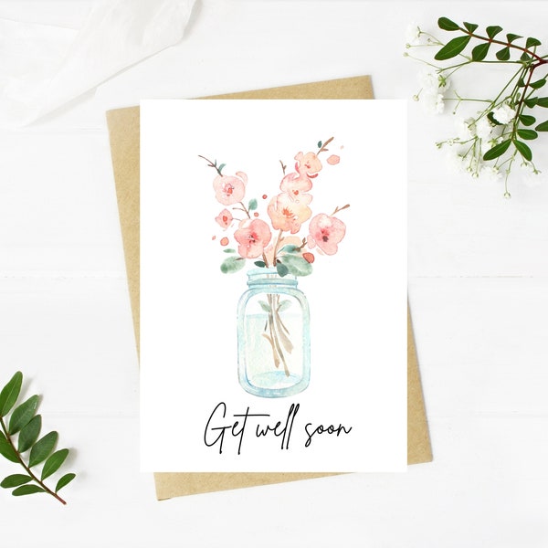 Get Well Soon Card, Watercolor, Last Minute Instant Downloadable Card - Flower Note Card - Digital Download