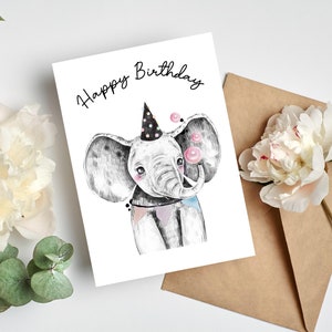 Carte de joyeux anniversaire éléphant, carte téléchargeable instantanée de dernière minute - carte d'anniversaire pour enfants - carte de voeux aquarelle - téléchargement numérique