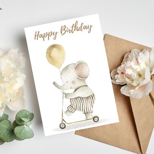 Alles Gute zum Geburtstag Elefant Ballon digitale Karte, Last Minute sofort herunterladbare Karte - Kindergeburtstagskarte - Grußkarte - digitaler Download
