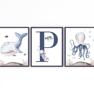Monograma para niño con la letra P, impresión digital bajo el mar, póster para habitación infantil, ballena marina, pulpo, descarga digital - MDS01