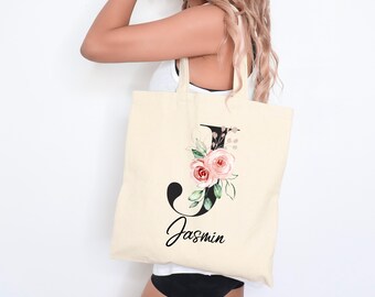 Personalized Floral Initial Tote Bag: Custom Cotton Canvas Carryall