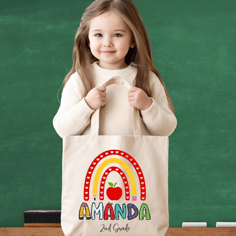 Personalized Kids Canvas Tote Bag - Back to School Tote - Rainbow With ...