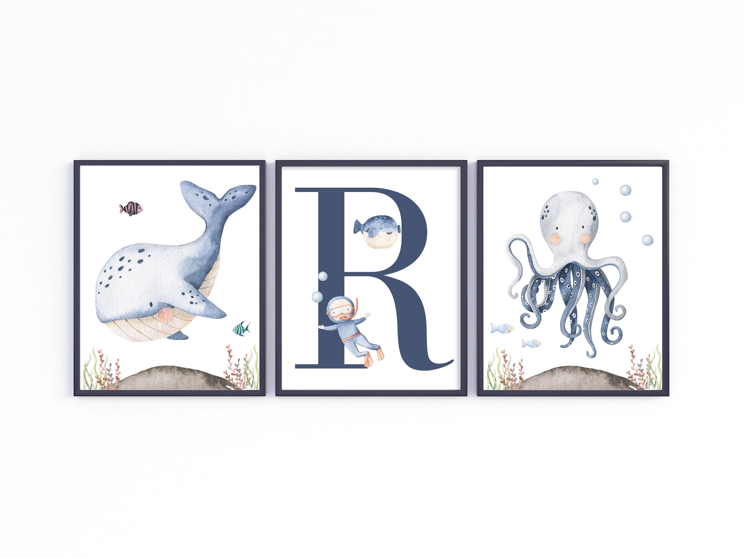 Boy Monogram Letter R, Under the Sea Digital Print, Boy Nursery, Under ...