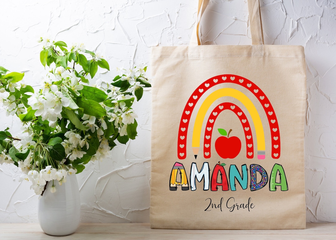 Personalized Kids Canvas Tote Bag Back to School Tote Rainbow With ...