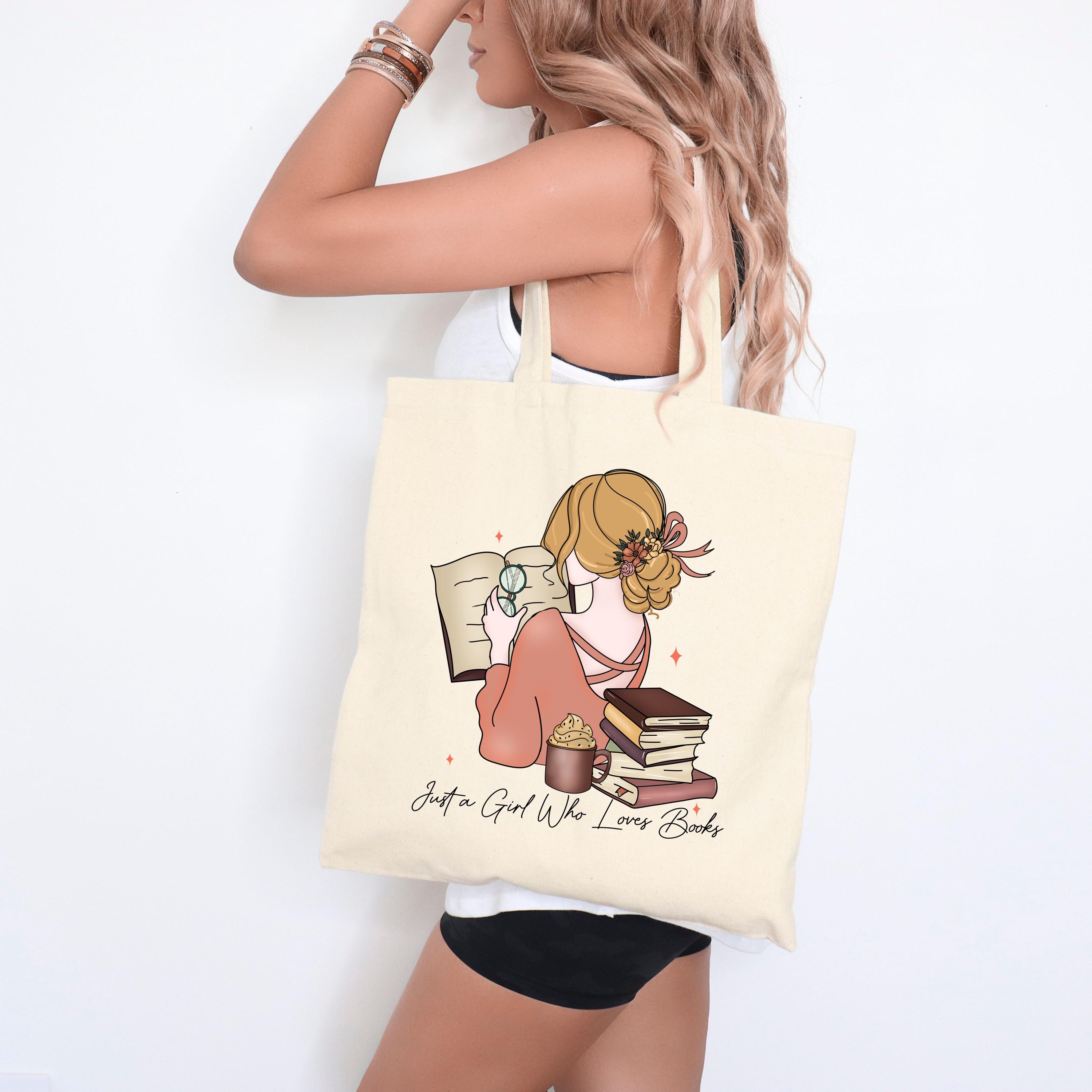 Just A Girl Who Loves Books Tote Bag, Teacher Tote Bag, Librarian Tote Bag, Canvas Tote Bag, Book and Coffee lover Bag, Book Lover Bag