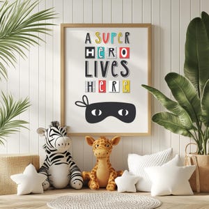 A Super Hero Lives Here Wall Art - Superhero Nursery Digital Art- Prints For Boys - Superhero Bedroom Theme - Digital Download