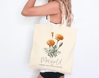 Marigold October Birth Flower Canvas Tote Bag: Floral Market Bag