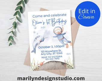Kids Birthday Party Invitation Under the Sea - Boy Birthday Invitation - Printable Card - Digital Download - Edit in Canva - MDS01