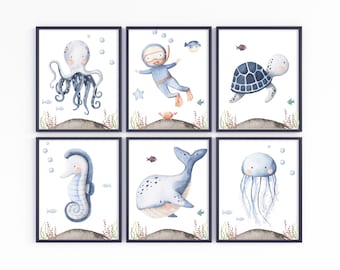 Under The Sea Wall Art Set of 6 - Nautical Nursery Decor - Ocean Nursery Print - Sea Life Wall Art - Nursery Prints - Digital Art - MDS01