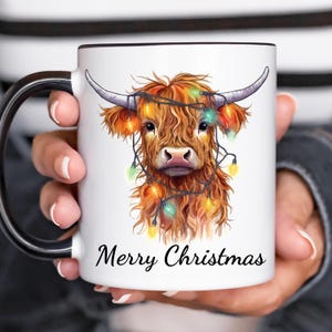 Merry Christmas Highland Cow Coffee Mug, Holiday Cow Mug, Christmas Lights Mug, Cow Lover Gift, Farmhouse Kitchen Decor