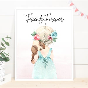 Girl with Puppy Digital Art Print - Friends Forever - Watercolor Wall Art - Nursery Room Decor - Ballet Gifts -Instant Download - Poster