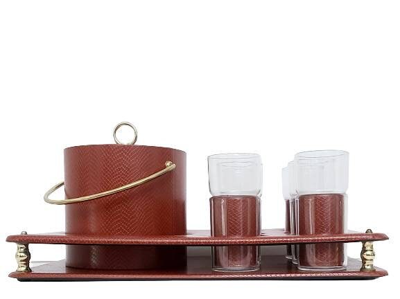 Mid century Kraftware Snakeskin Stamped Ice Bucket & Glasses - 8 Pieces