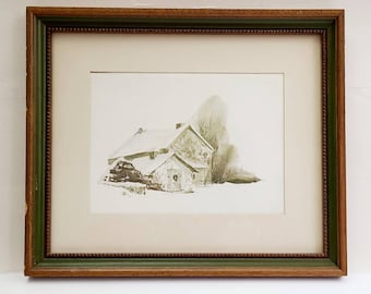 Vintage Art Print Landscape of Old Farm House in Snow with Wreath on Door