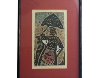 Signed Segun Adeku Lino cut print on rice paper, &quot;In the Rain&quot; 1992, 24/100
