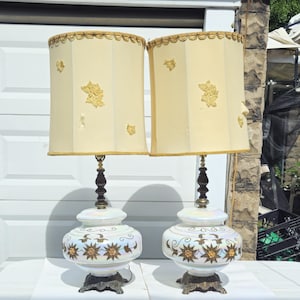 1970s Carl Falkenstein Attributed Monumental Opalescent and Brass Lamps 45&quot; - A Pair
