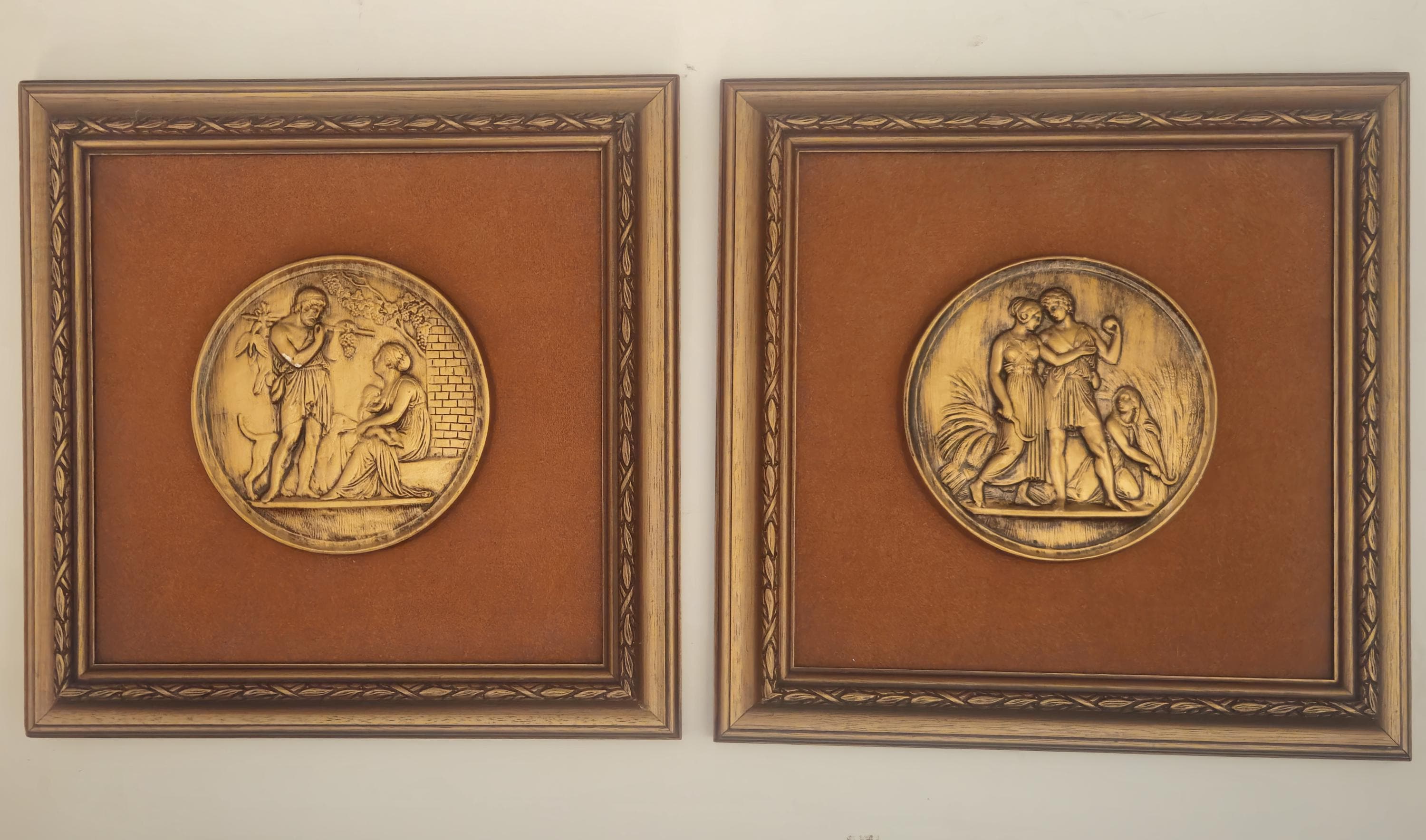 Framed Greco-Roman gilt chalkware medallion art, a pair