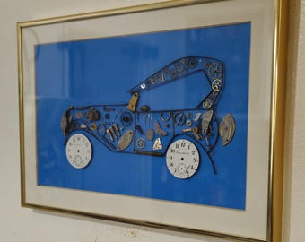 Framed watch and clock parts mixed media horological automobile collage, in the style of Kersh