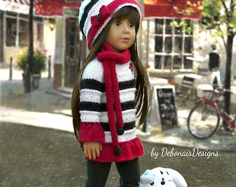 Bon~Bon PDF knitting pattern by Debonair Designs a Parisian tunic/dress, cloche, scarf for 18" Kidz n Cats also fits Götz Hannah Happy Kidz