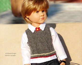 Greyson PDF knitting pattern for slim all vinyl GÖTZ Happy Kidz/Hannah dolls Greyson~ a unisex vest by Debonair Designs