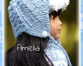 Amelia, PDF Doll Clothes an ear-flap trapper style hat knitting pattern designed to fit American Girl Dolls by Debonair Designs