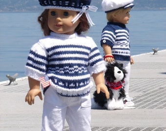 Meridian, PDF Doll Clothes a nautical inspired short-sleeved sweater knitting pattern for American Girl/Boy Dolls by Debonair Designs